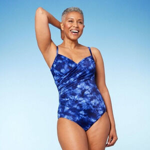 UPF 50 Twist-Front Over the Shoulder One Piece Swimsuit - Aqua Green Blue Small